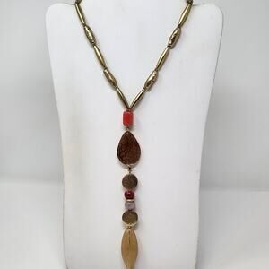 Chicos Stone Metal Bead Earth Tones Y Shape Necklace Gold Tone Chunky Statement